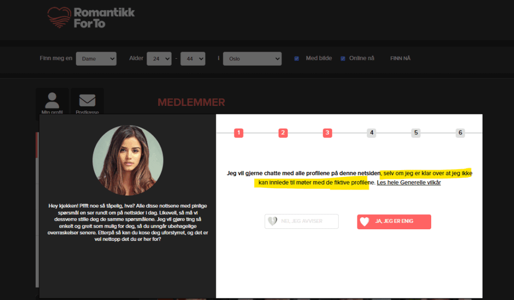 Når vi registrerer oss, får de oss til å godta denne meldingen, som bekrefter at det finnes falske profiler!